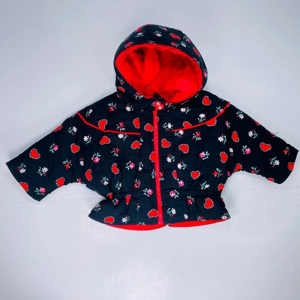 Vintage Baby Girls Black + Red Heart + Floral Print Winter Puffer Coat 12m